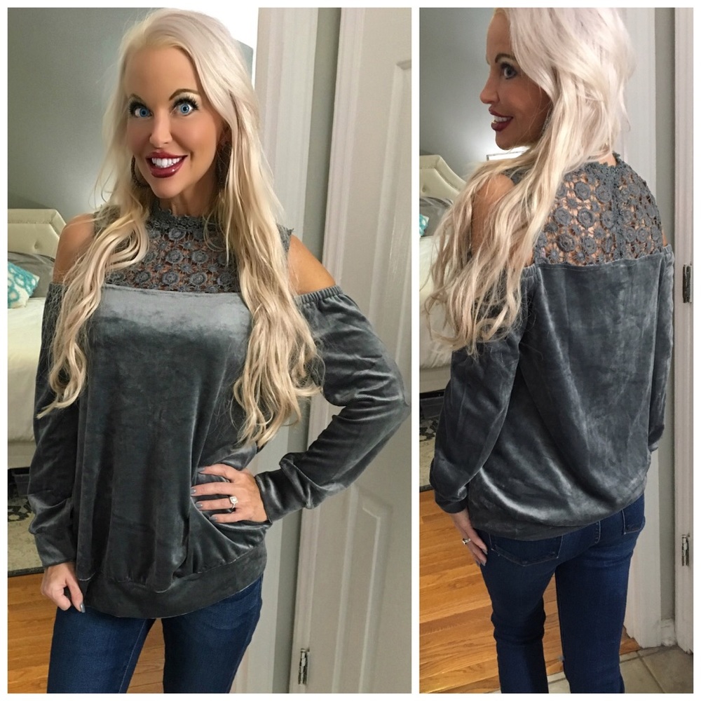 LAST 1! ❤️Silver Velvet Cold Shoulder Crochet Top - Picture 1 of 3